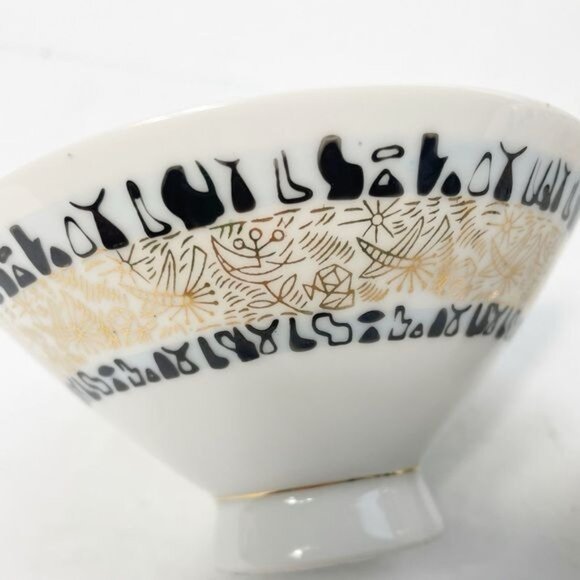 Set of Two (2) Seika China Rice Bowls Black Gold Mod Pictures Heiroglyphics - Picture 2 of 9